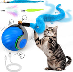 Mity Rain Interactive Cat Toy Ball front view showing the blue motion-activated rolling pet toy with attached feather tail.