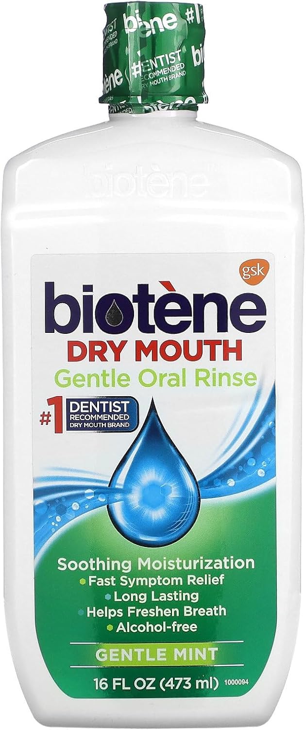 Biotene mild mint moisturizing gentle oral rinse front view bottle