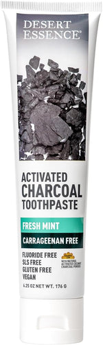 Desert Essence charcoal toothpaste tube with fresh mint label