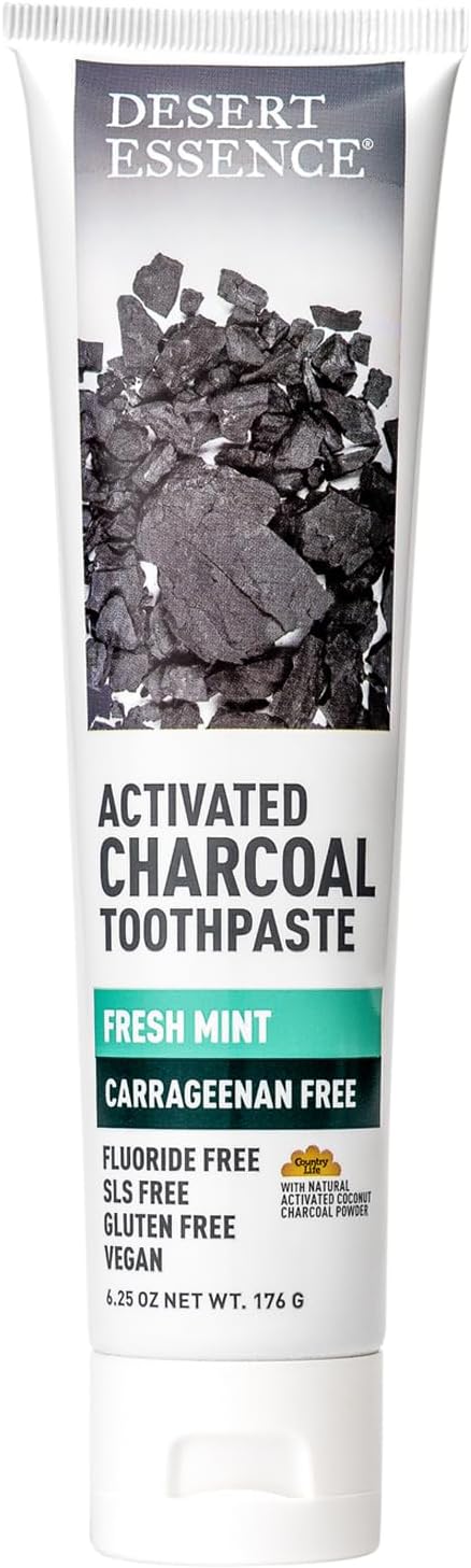 Desert Essence charcoal toothpaste tube with fresh mint label