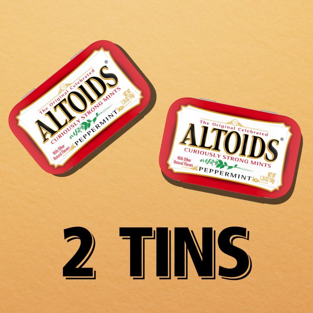 Two individual metal tins of ALTOIDS peppermint fresh breath candy side by side