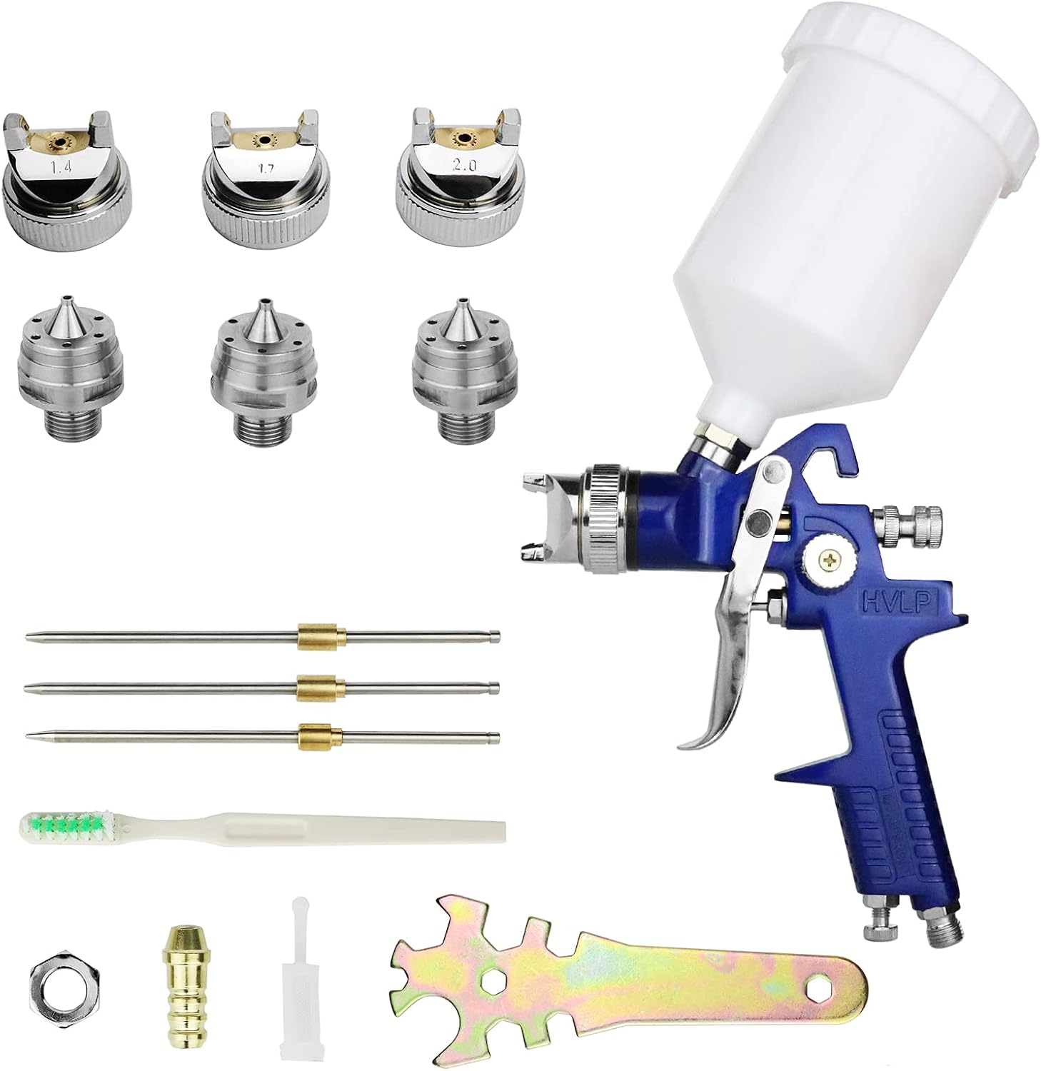 Hotorda HVLP spray gun front view showing blue aluminum body and 600cc cup