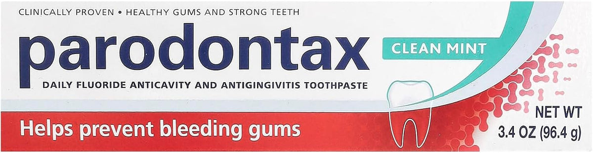 Parodontax Clean Mint fluoride toothpaste tubes standing upright displaying the American imported label specifications.
