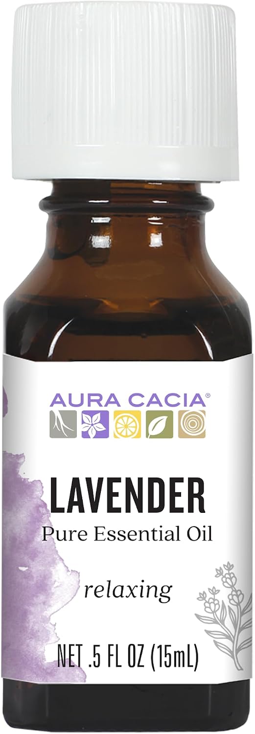 Aura Cacia pure lavender essential oil front bottle view packaging