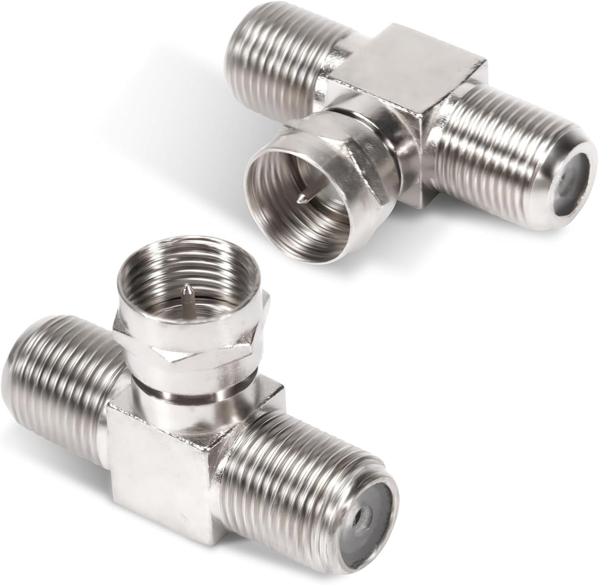 Darlingao Coaxial Cable Splitter Pack Of Two front view showcasing the T shaped male to dual female F type connectors.
