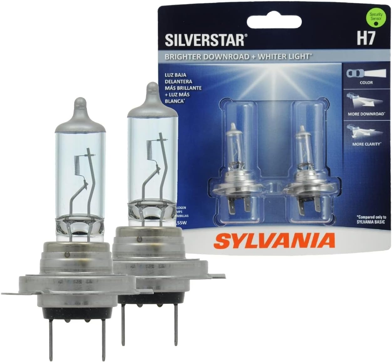 Sylvania H7 SilverStar high performance halogen headlight bulb front view packaging