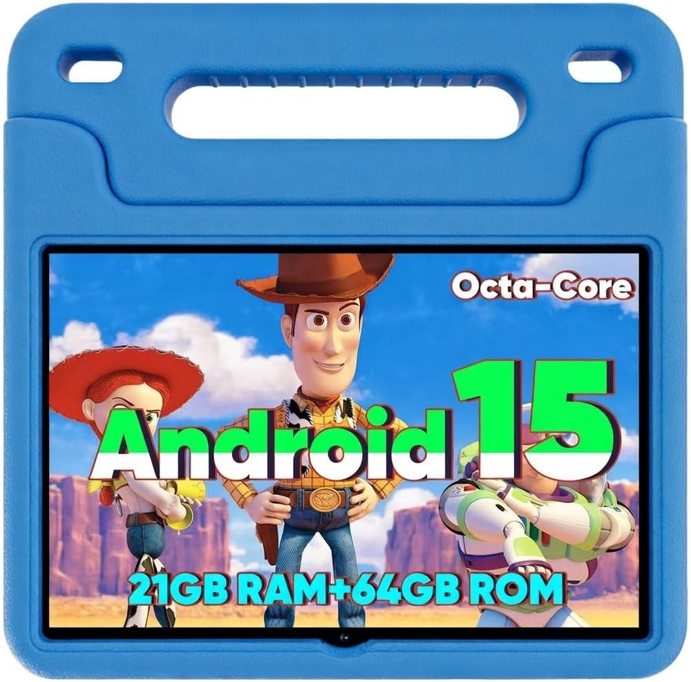 Wxunja Android 15 Kids Tablet front view in blue case