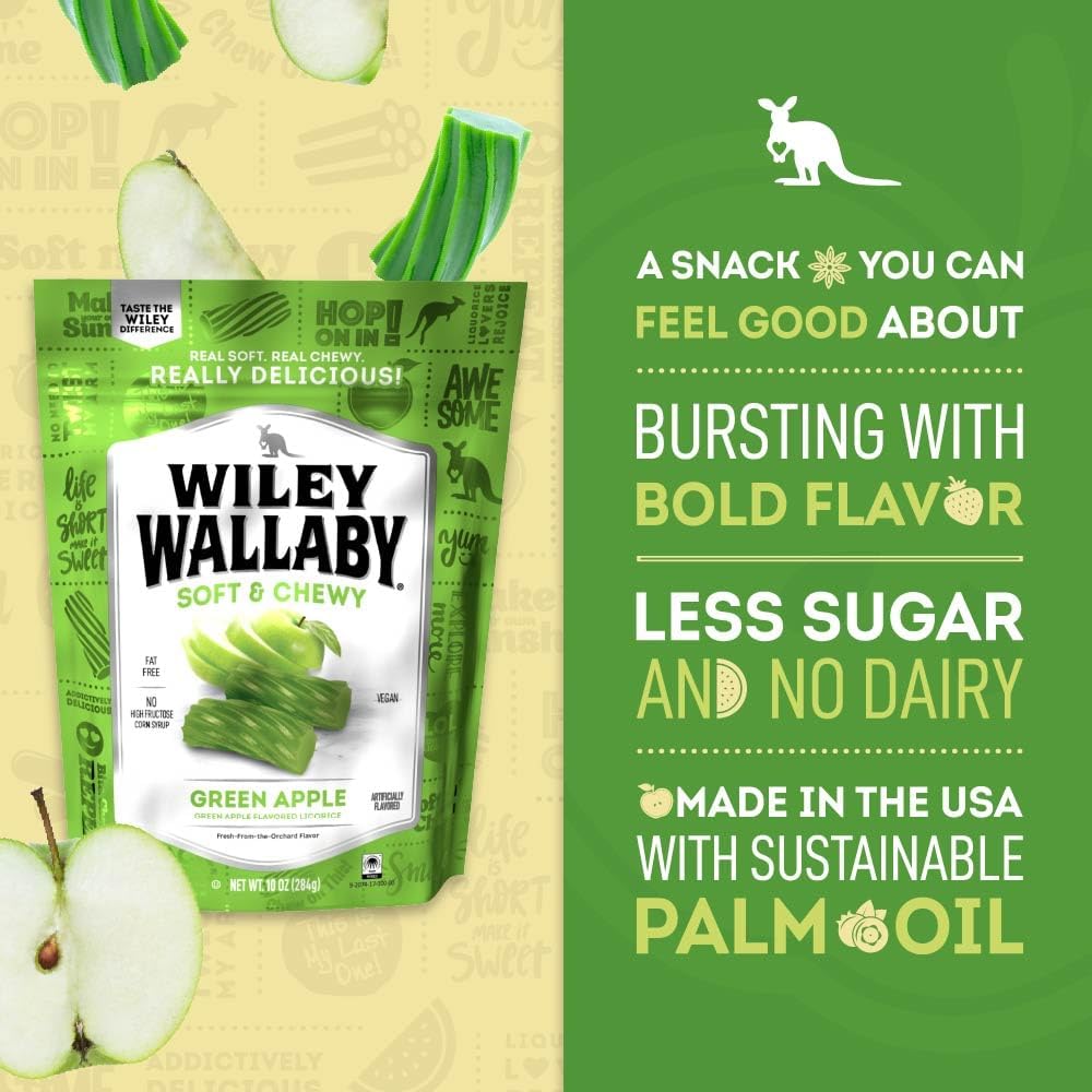 Gourmet vegan friendly green apple licorice bag on plain background