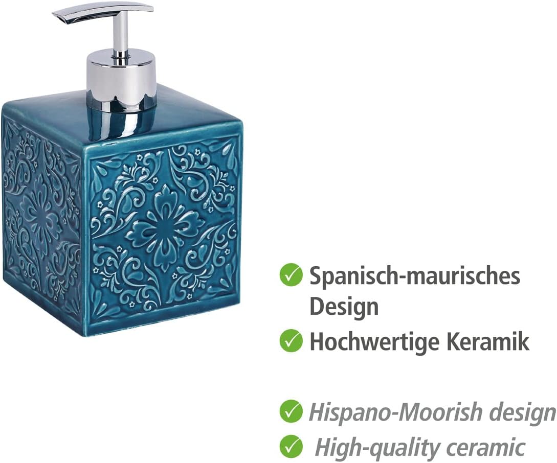 Wenko Cordoba Blue soap dispenser showing baroque pattern