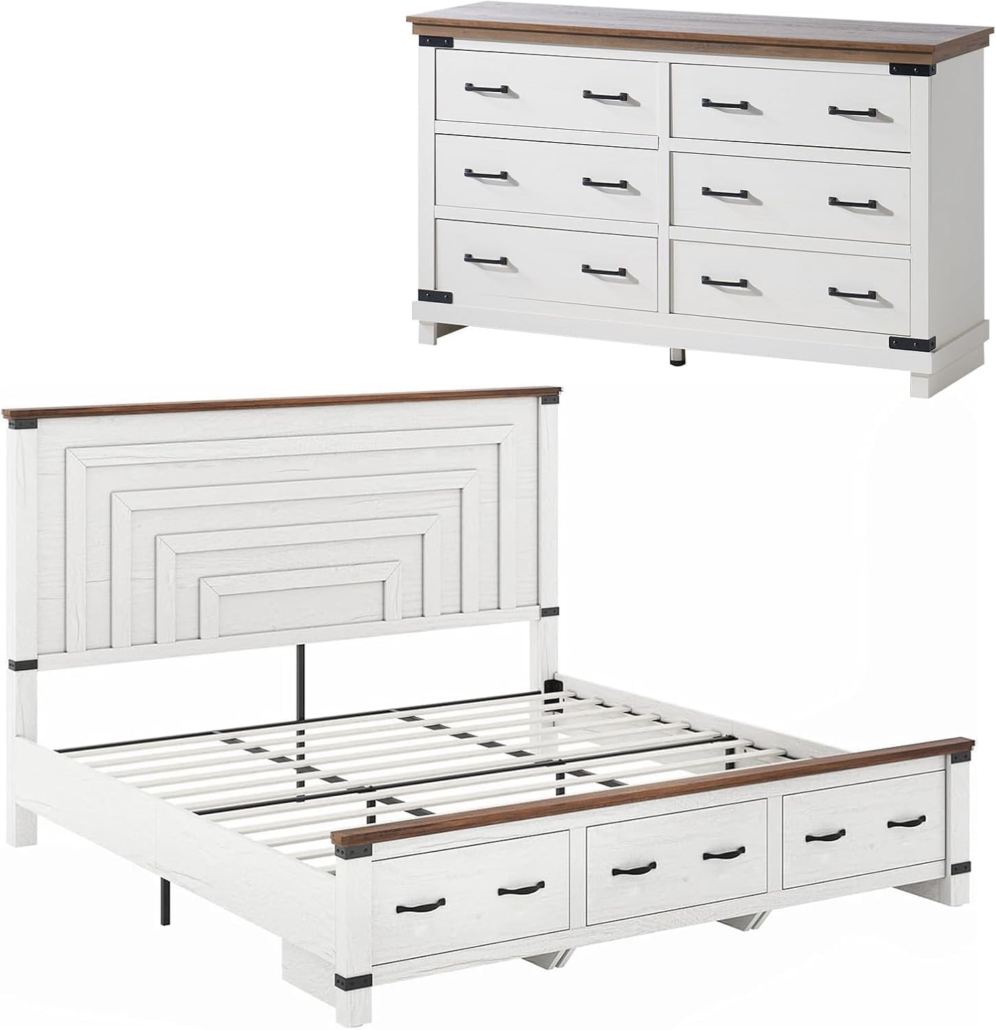 AMERLIFE 2-Piece Farmhouse Wood Bedroom Set front view showcasing the antique white King size bed frame and matching 6 drawer dresser