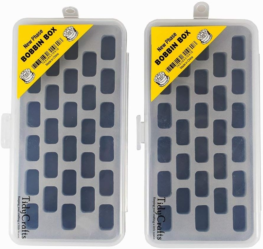 Tidy Crafts bobbin box organizer front view showing clear plastic design