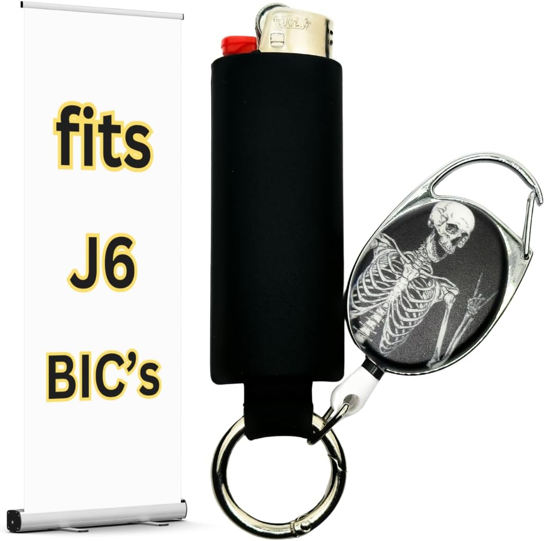 Lighter Locators retractable keychain lighter holder front view showing skull graphic