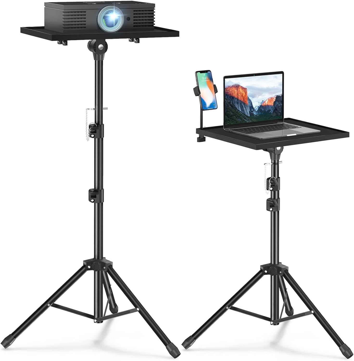 Facilife projector stand tripod front view showing the adjustable metal tray floor setup