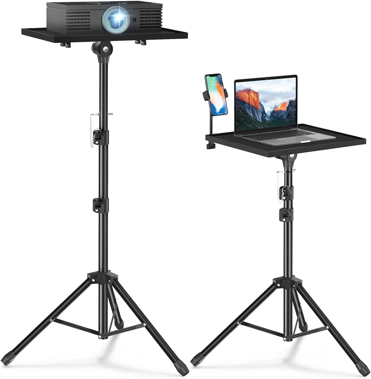 Facilife projector stand tripod front view showing the adjustable metal tray floor setup