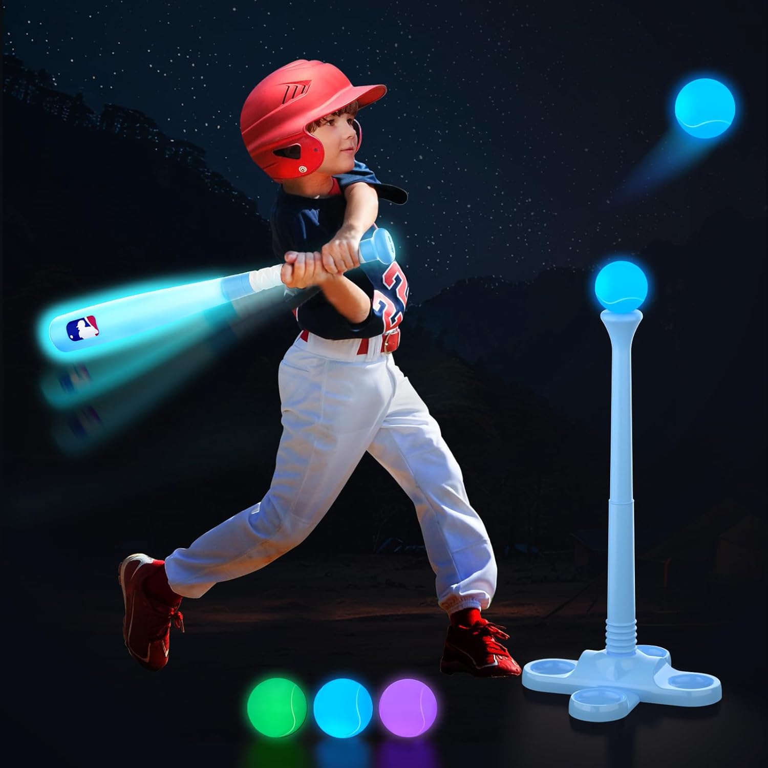 Leshein blue LED light up tball set front view with glowing bat