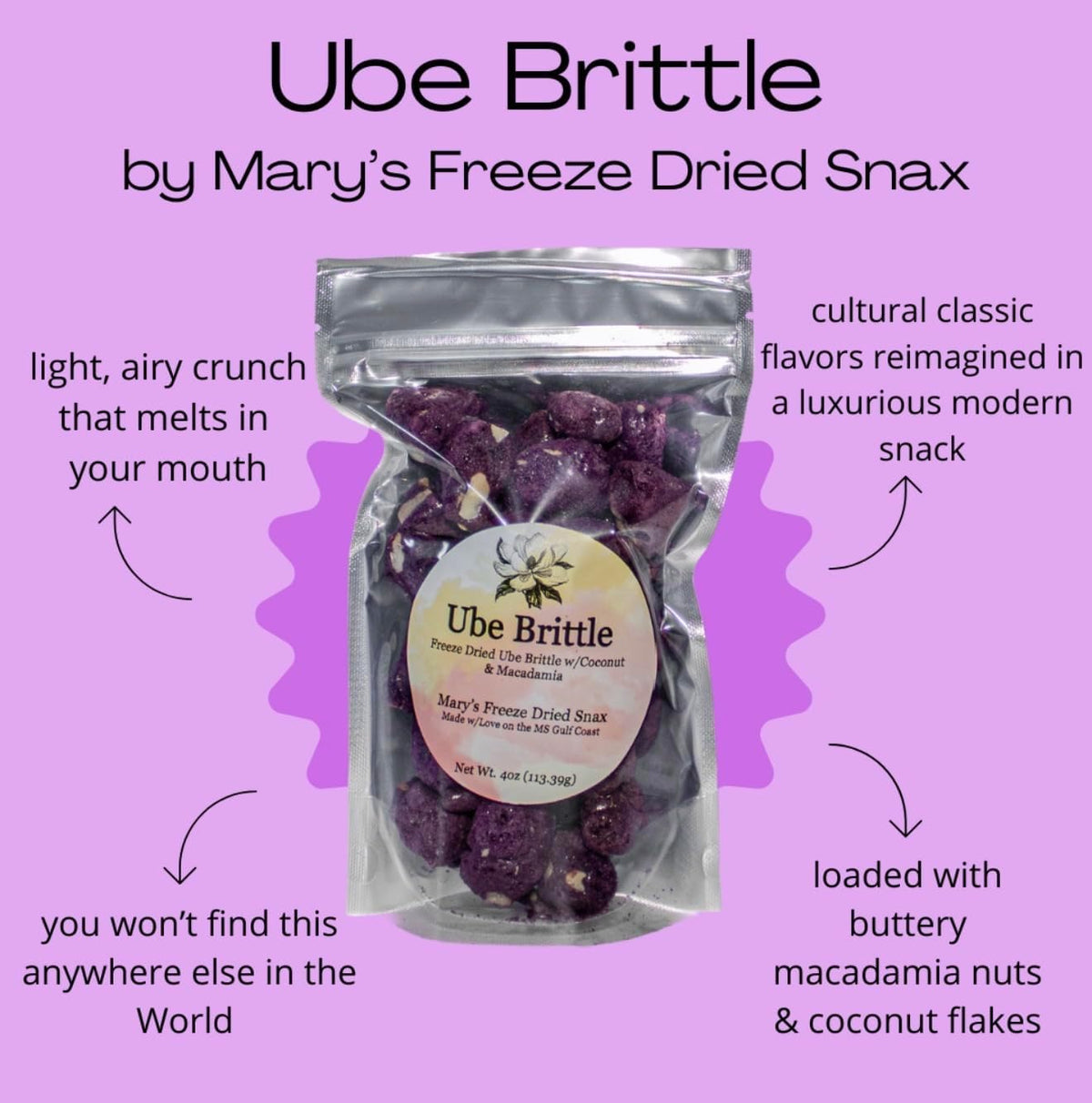 Airy texture of peanut free tropical ube brittle displaying toasted coconut flakes