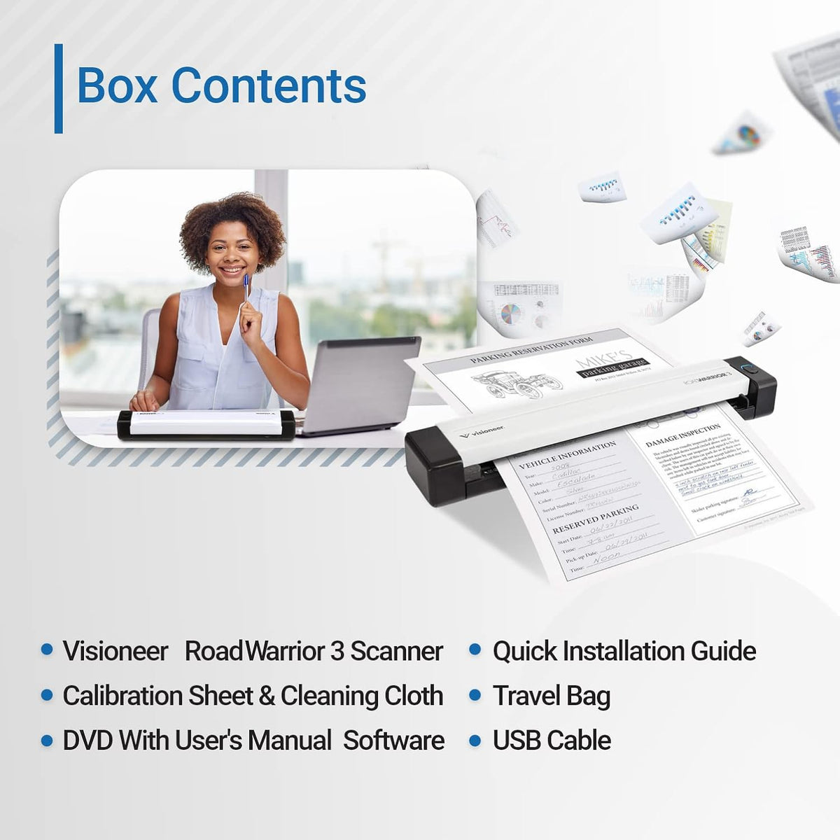 Visioneer document scanner packaging and accessories