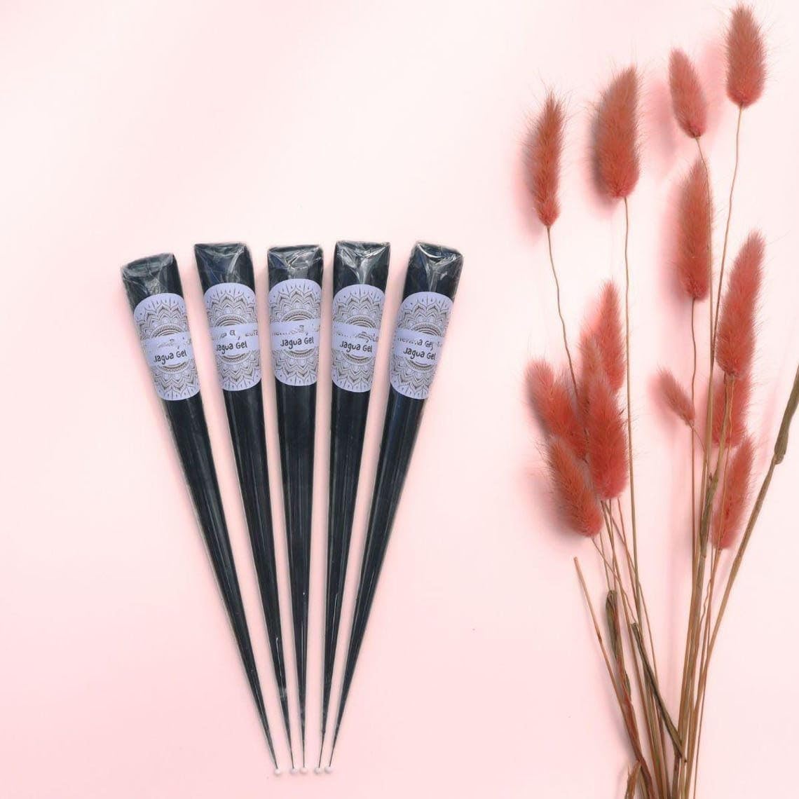 Géneric organic jagua cones front view showing five pre-rolled gel temporary tattoo applicators