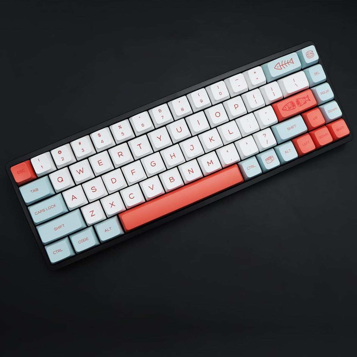Angle shot of molgria salmon keycaps on mechanical switches