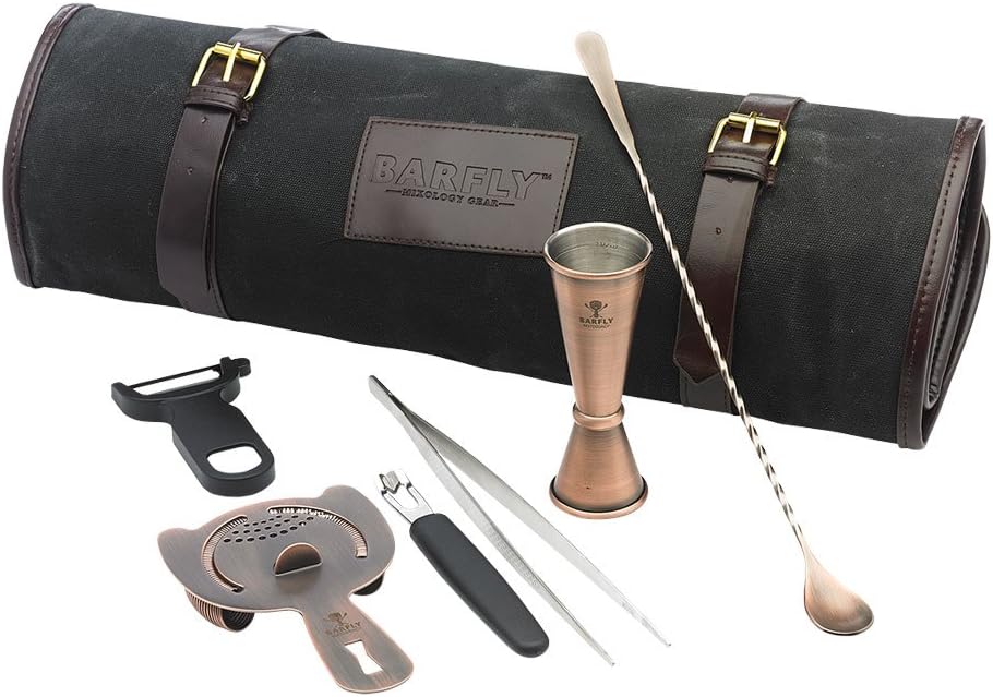 Barfly antique copper bar set front view showing rolled bag