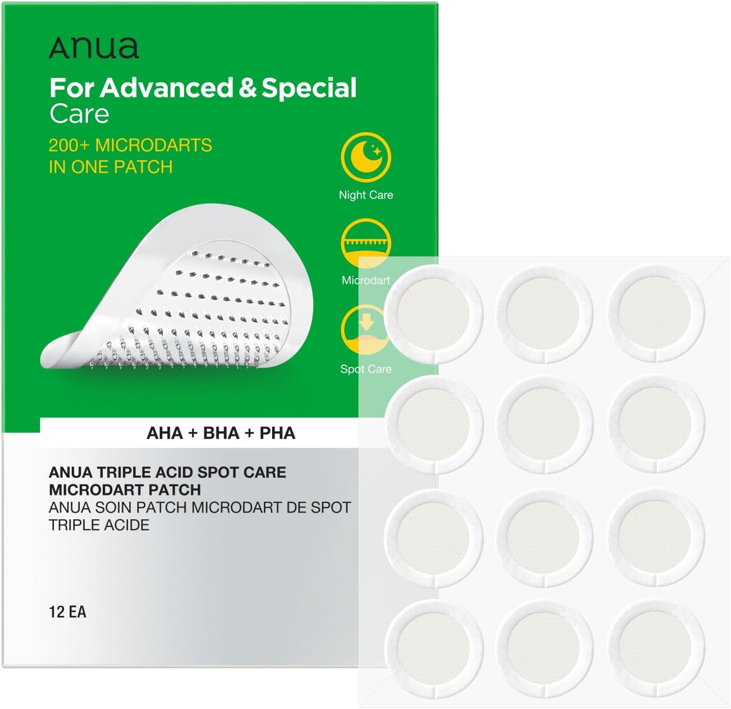 Anua Triple Acid Spot Care Microdart Patch front view packaging showcasing the 12 pieces count authentic Korean skincare