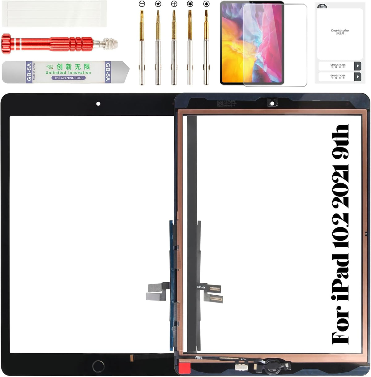 Bexupull iPad 9th Gen screen replacement front glass digitizer view in black color.