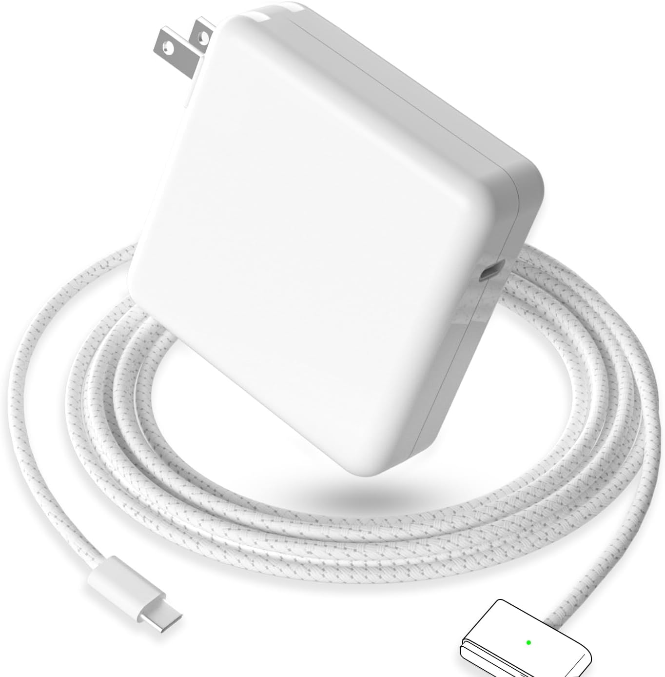 Bbabybling MacBook Pro charger front view showing the white 96W USB-C power adapter and the braided magnetic cable.