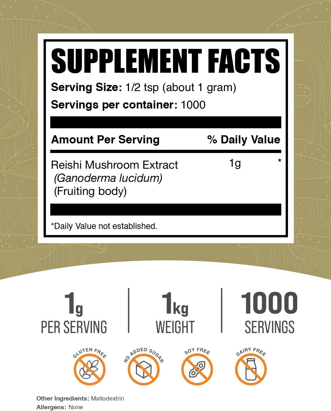 BulkSupplements Reishi Mushroom Extract Powder 1kg bulk bag