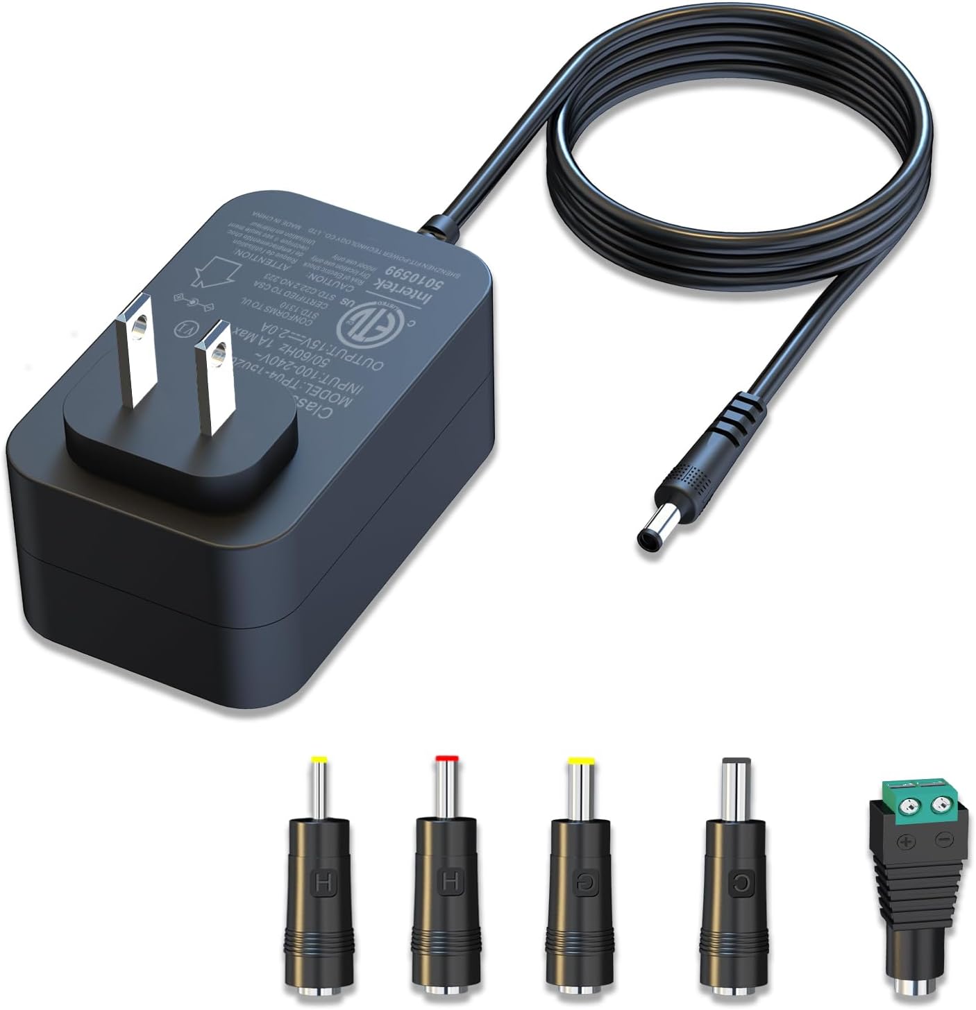 Hy1c 15V 2A power adapter front view for electronic devices