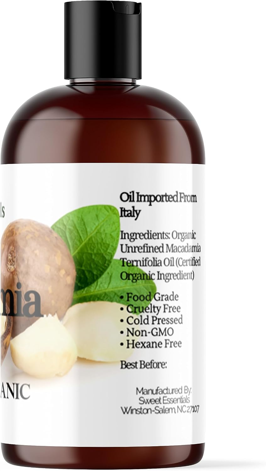 Unrefined organic macadamia nut oil imported bottle packaging close up