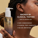 Authentic Korean skincare double cleanse routine texture demonstration of oil and gel.