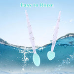 JJUNW pink and white pet acne treatment brushes displayed side by side to show size dimensions