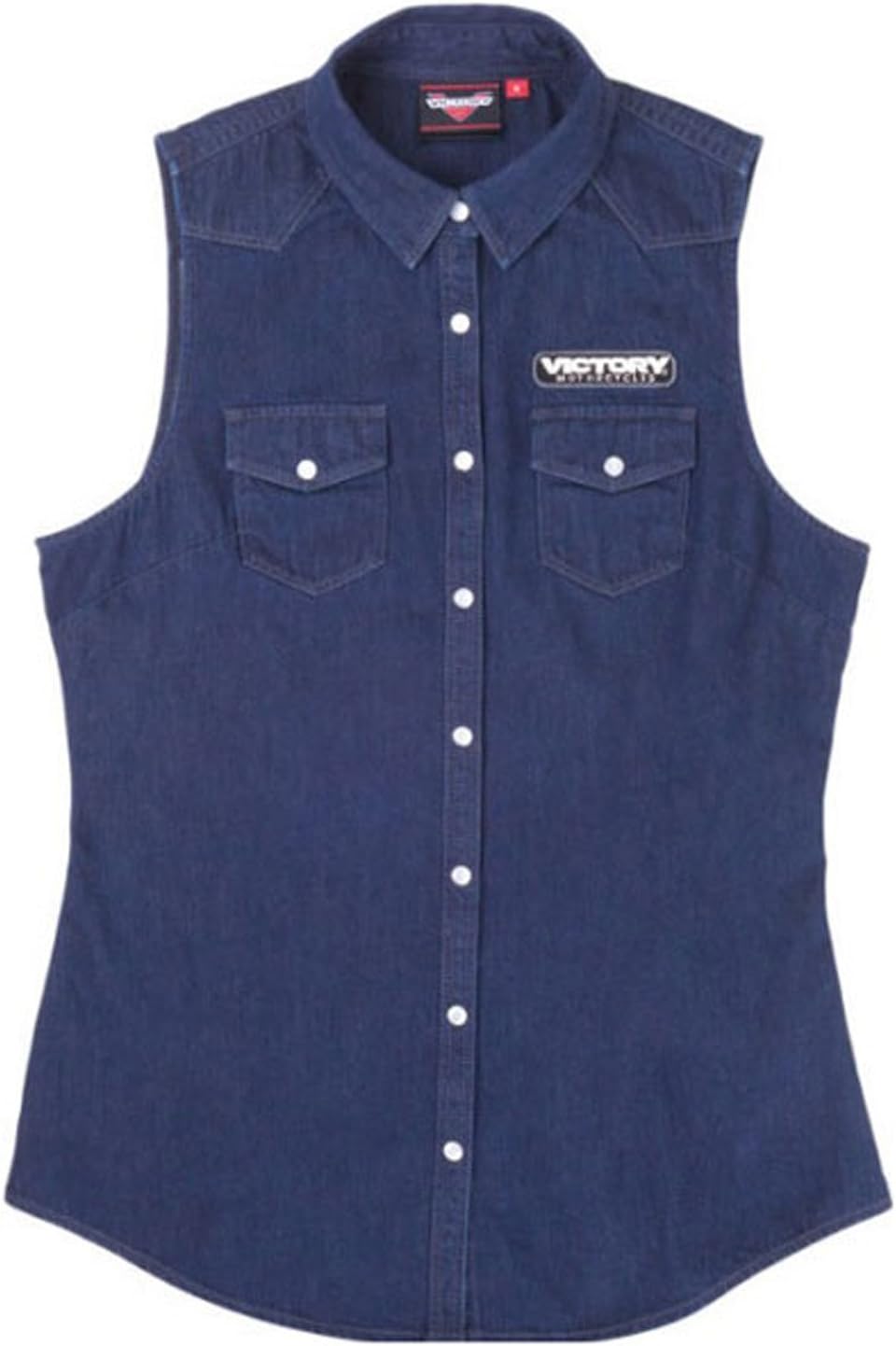 Victory Motorcycles Women's Sleeveless Denim Shirt front view showcasing dark wash premium cotton fabric and embroidered chest logo.