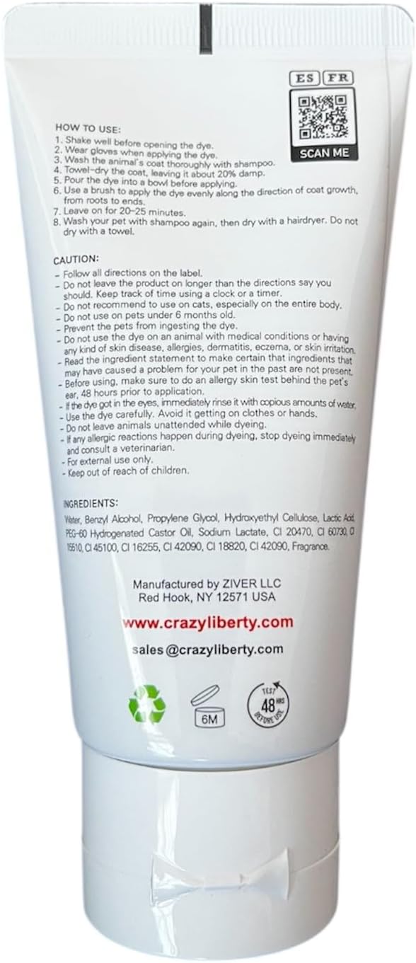 Crazy Liberty Yellow Green dog hair dye tube and ingredients