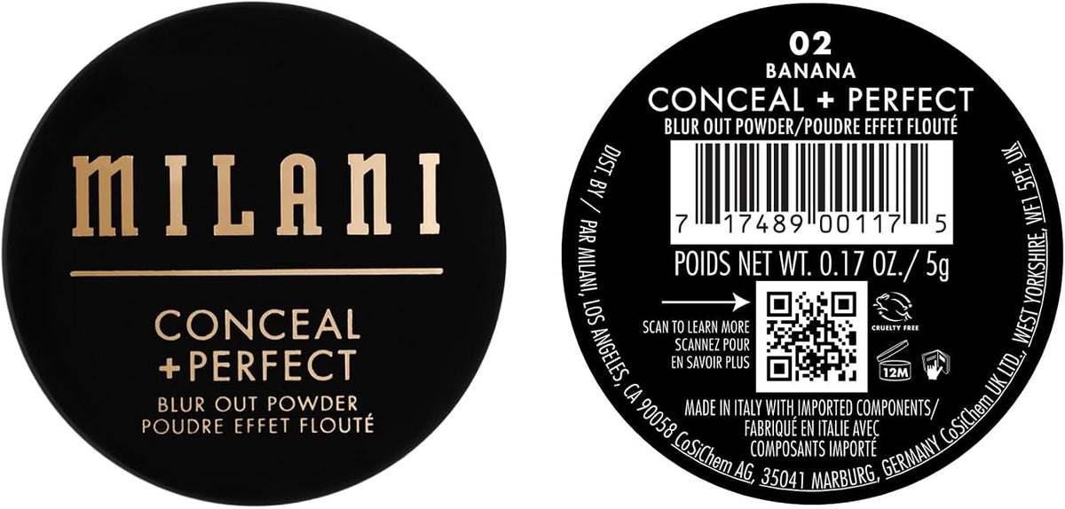 Brand label and product details on Milani powder jar