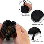 Waterproof pet training pouch displaying front zippered pocket holding personal keys and smartphone