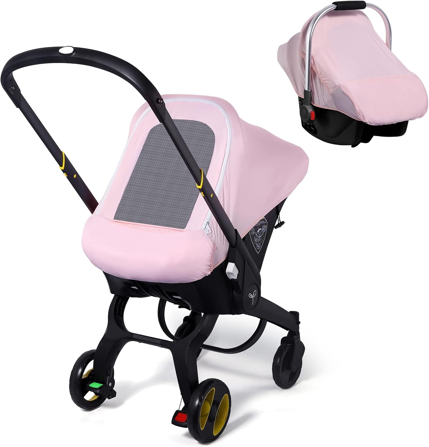 THE KENKYO Baby Car Seat Cover in pink installed on an infant carrier front view