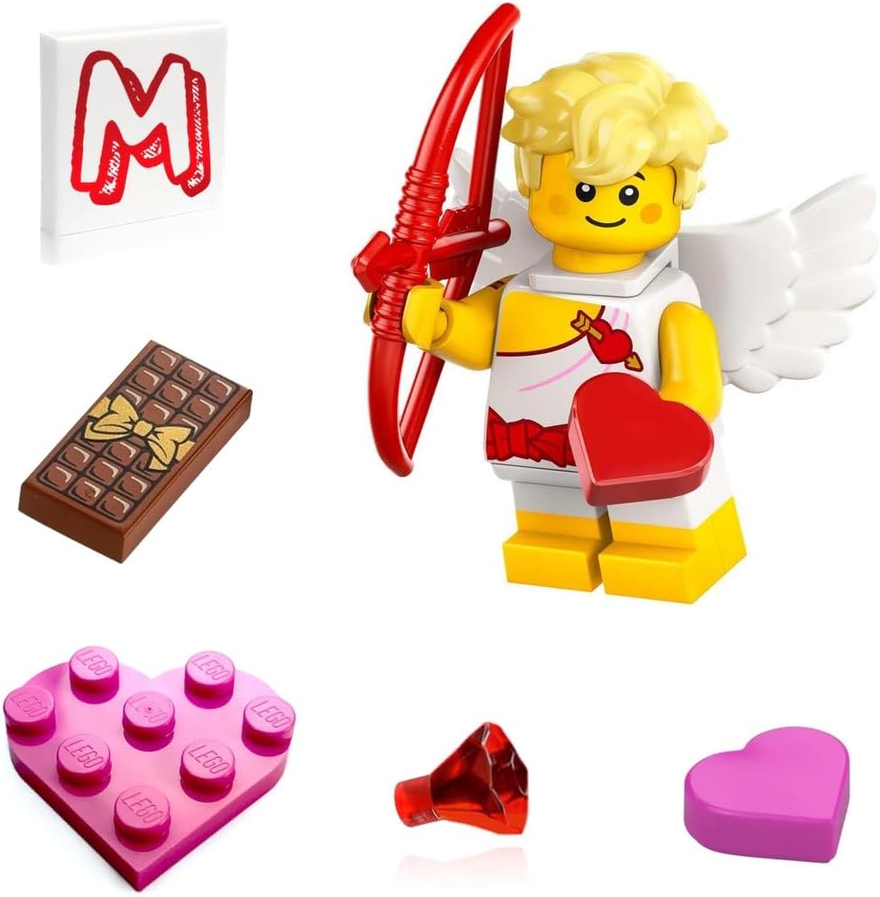 LEGO Valentine's Day Combo Pack featuring the Series 27 Cupid minifigure with white wings and a red bow.