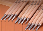 Full 12-piece wood carving kit arranged neatly