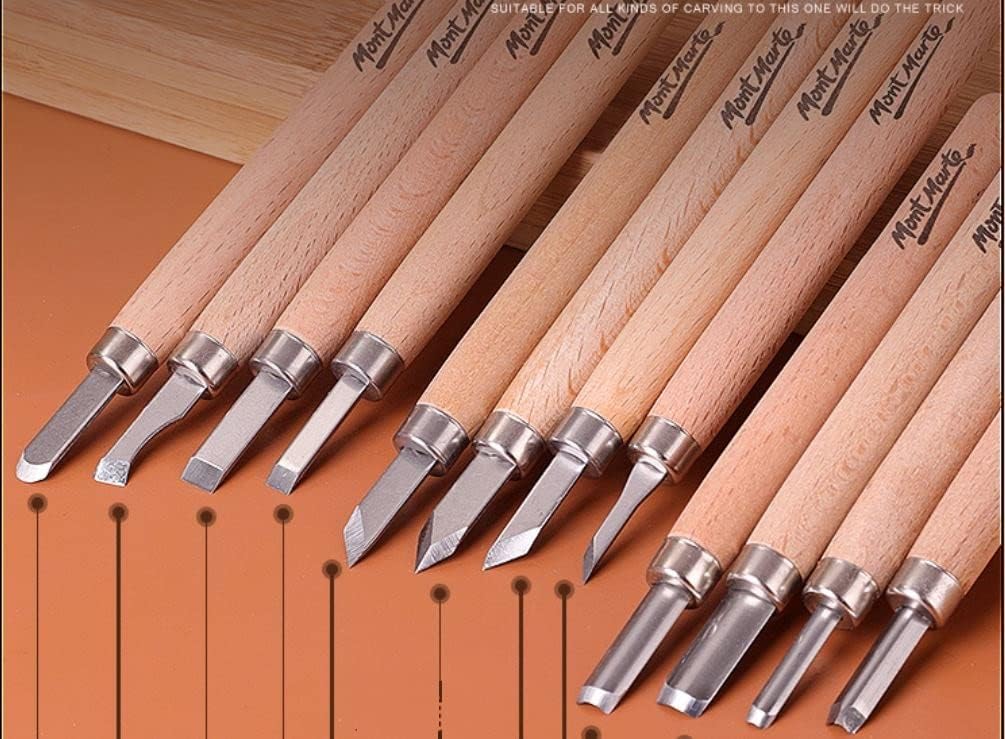 Full 12-piece wood carving kit arranged neatly