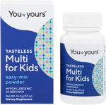 You yours tasteless multivitamin powder for kids showing 80.0g jar and clear dissolution