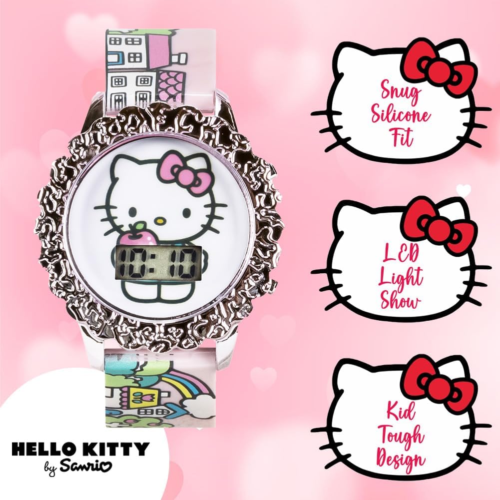 Sanrio Hello Kitty digital watch pink cityscape strap angle view