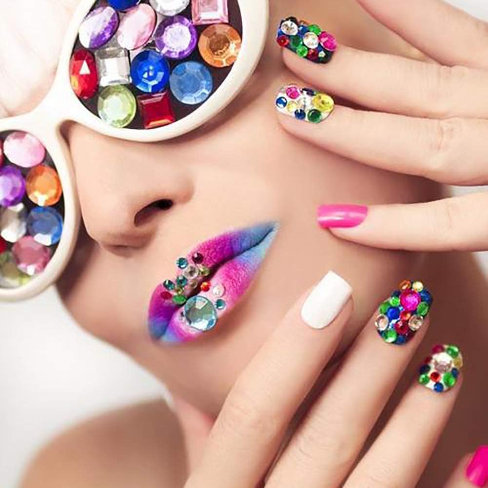 Detailed angle of multicolored flat back acrylic gems from Elwish.