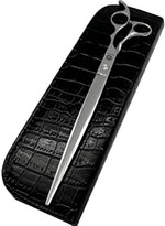 Ergonomic western style handle design of Purple Dragon barber shears for reducing hand fatigue.