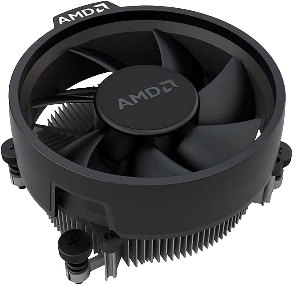 AMD Wraith Stealth AM4 CPU cooler top view showing the black fan shroud and aluminum heatsink.