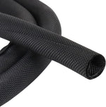 BuyUneed black braided cable management sleeve front view displaying the split self-wrapping weave pattern.