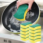 Poksi kitchen cleaning sponge front view showing the yellow foam side and green scouring pad layer.