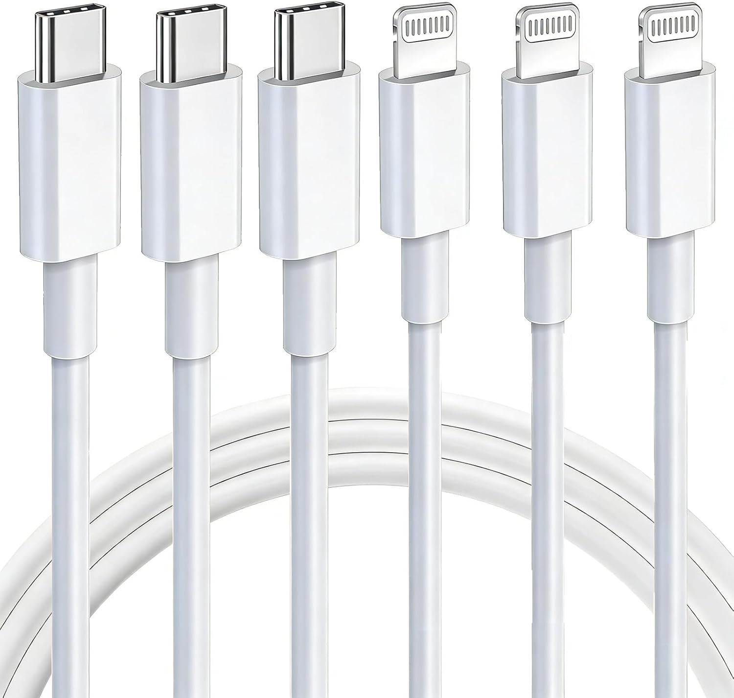 Ximytec USB C to Lightning Cable three pack front view showcasing durable white PVC design