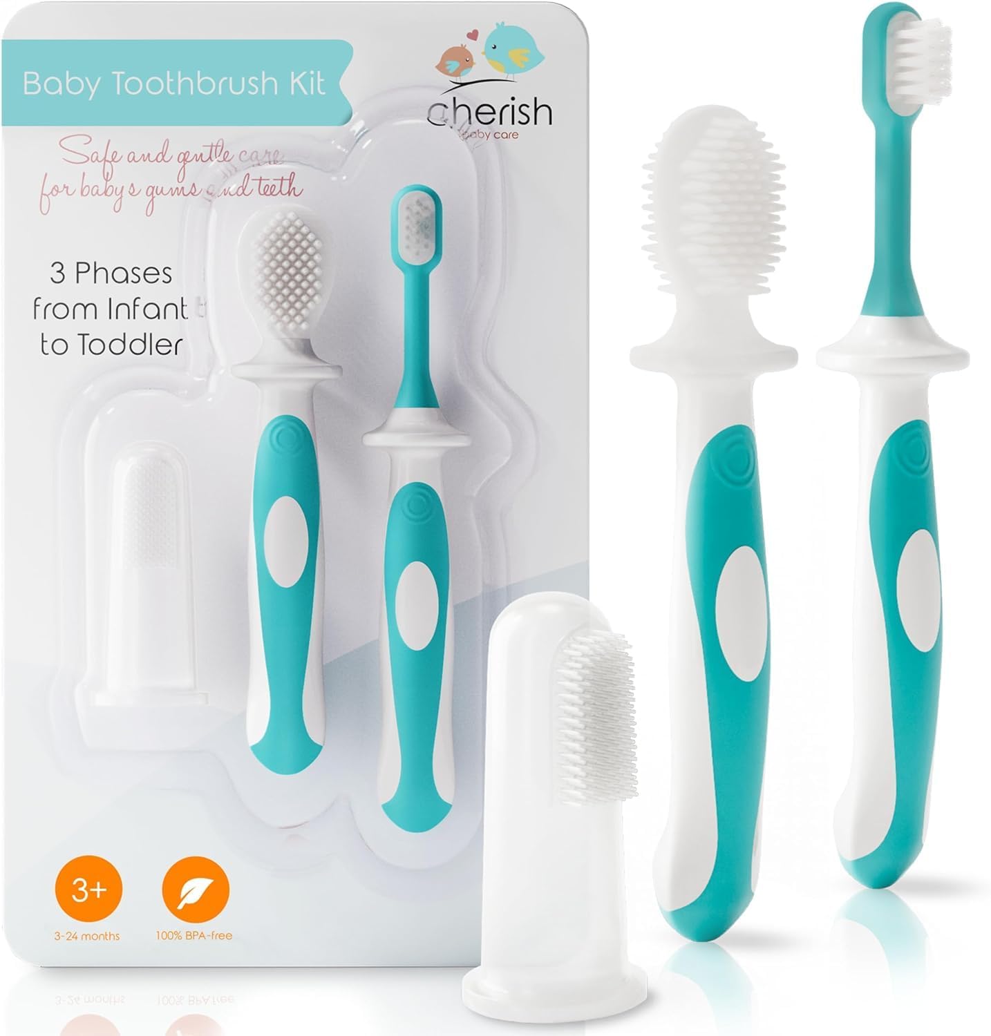 Cherish Baby Care Baby Toothbrush Set front view teal silicone brushes