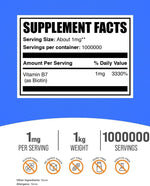 Pure Vitamin B7 unflavored biotin powder bulk package back label with nutritional information.
